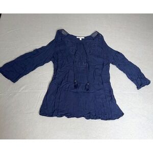Pale Sky Navy‎ Blue Cold Shoulder Boho Peasant Shirt Crochet Lace Top